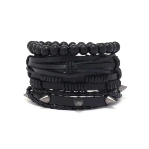 Set 4 bratari - Piele + Margele negre