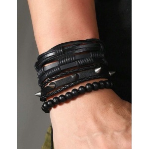 Set 4 bratari - Piele + Margele negre