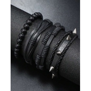 Set 4 bratari - Piele + Margele negre