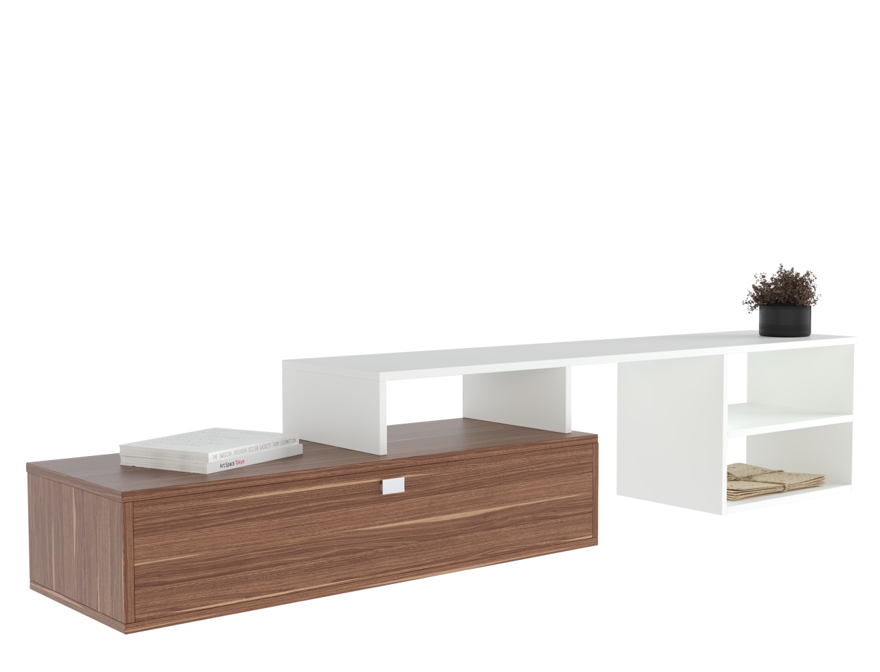 Comodă TV cu sertar și rafturi – design modern, culoare alb & nuc - imagine 4