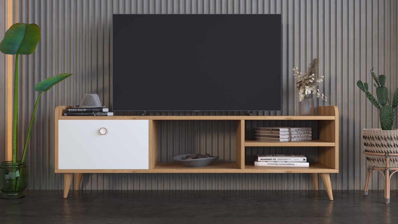 Comodă TV, culoare stejar/alb – design scandinav cu spații de depozitare - imagine 4