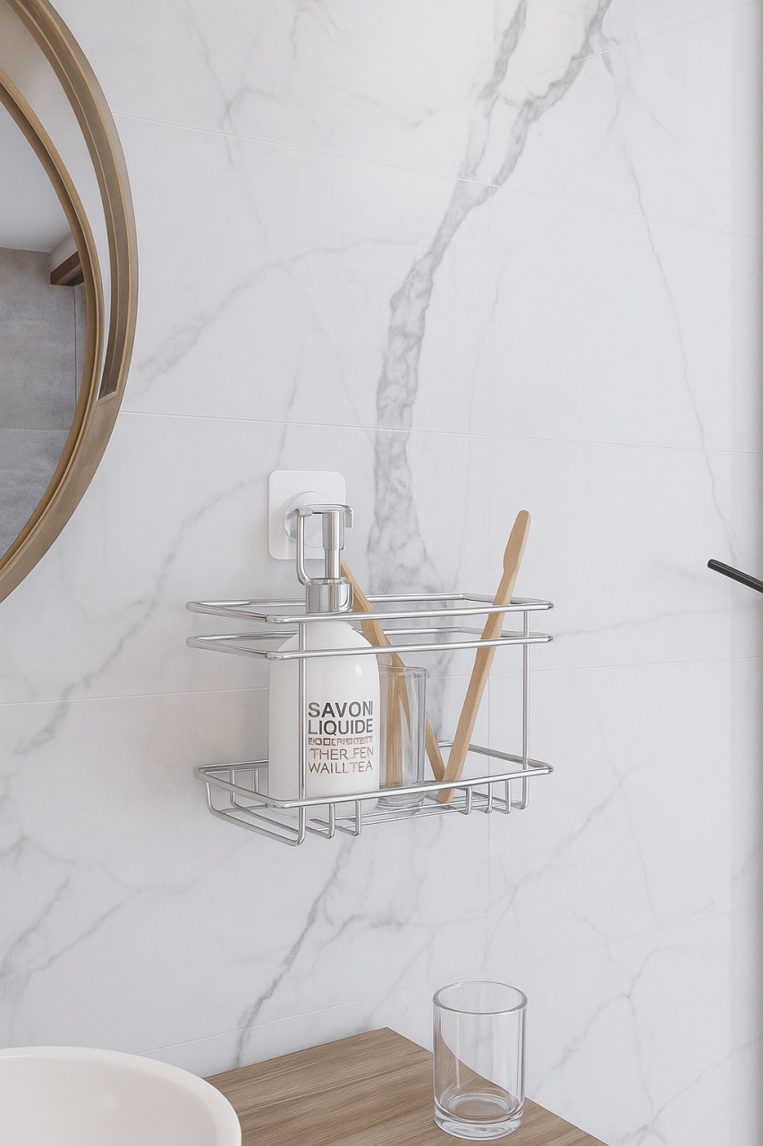 Etajeră baie fără găurire, prindere prin lipire, finisaj cromat - imagine 8