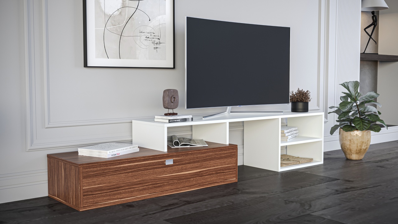 Comodă TV cu sertar și rafturi – design modern, culoare alb & nuc - imagine 2