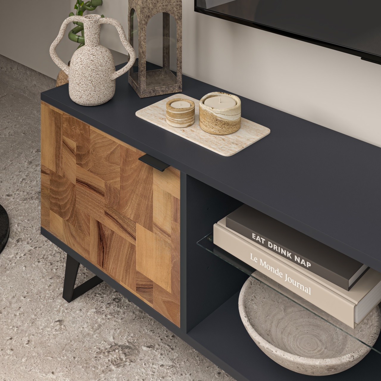 Comodă TV modernă, culoare antracit, cu uși din lemn și picioare metalice, design modern și suport pentru TV până la 85” - imagine 4