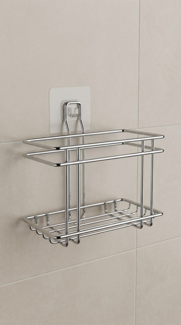 Etajeră baie fără găurire, prindere prin lipire, finisaj cromat - imagine 4