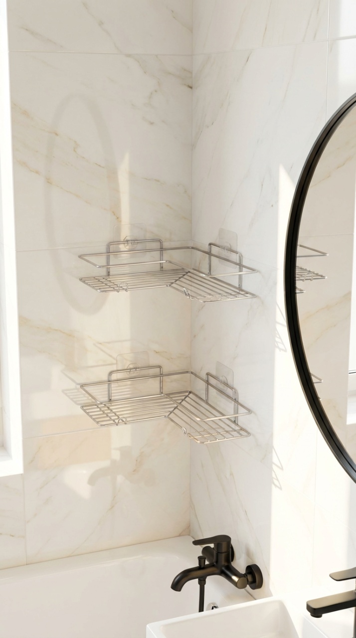 Set 2 etajere baie fără găurire – prindere prin lipire, finisaj cromat - imagine 9