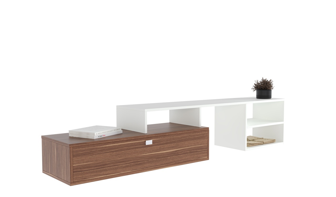 Comodă TV cu sertar și rafturi – design modern, culoare alb & nuc - imagine 3