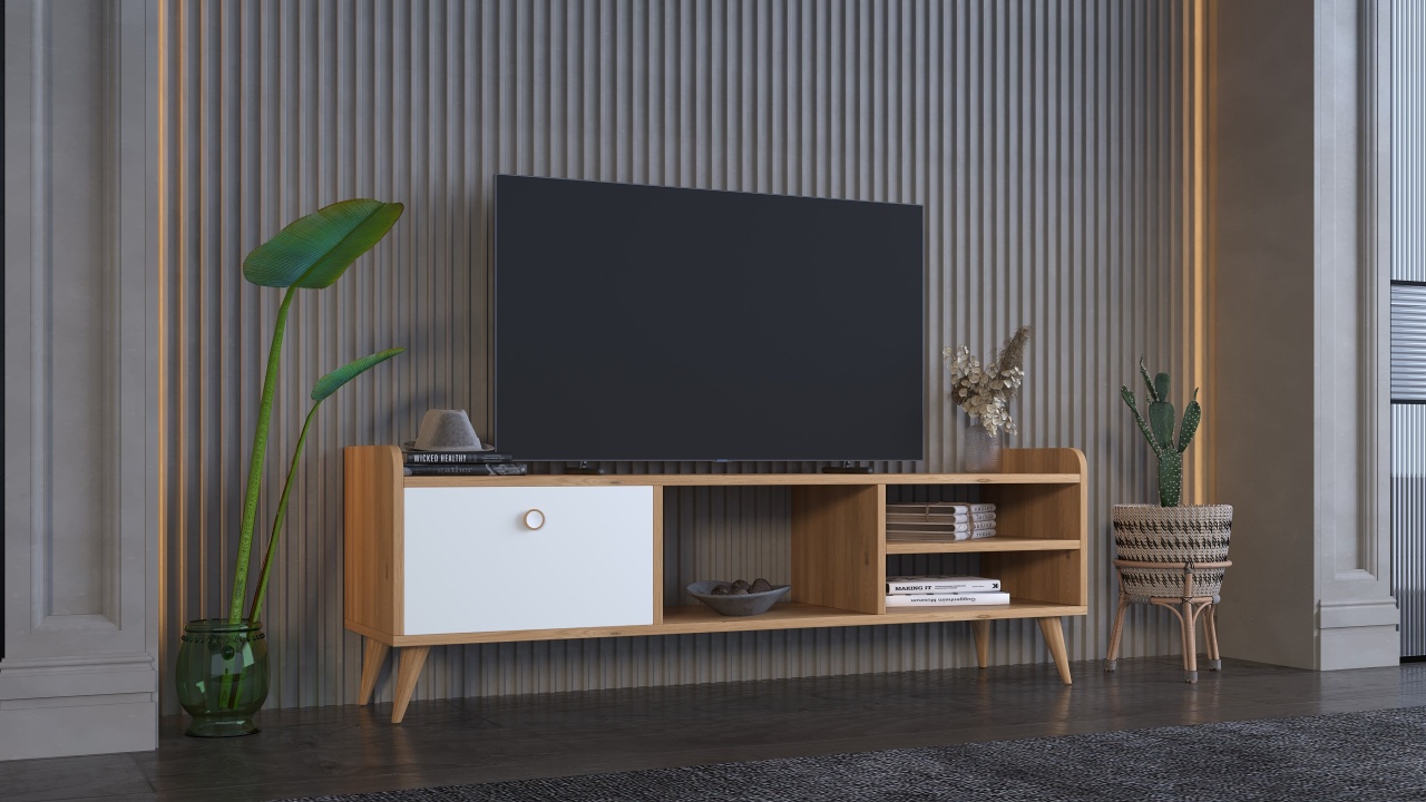 Comodă TV, culoare stejar/alb – design scandinav cu spații de depozitare - imagine 3