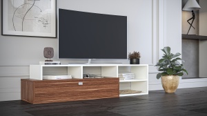 Comodă TV cu sertar și rafturi – design modern, culoare alb & nuc