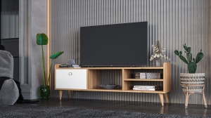 Comodă TV, culoare stejar/alb – design scandinav cu spații de depozitare