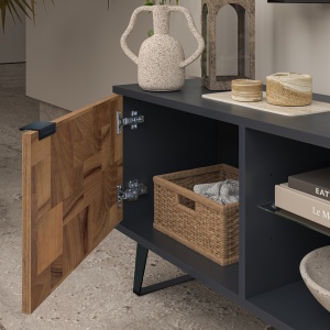 Comodă TV modernă, culoare antracit, cu uși din lemn și picioare metalice, design modern și suport pentru TV până la 85” - Img 3
