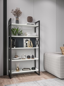 Fém könyvespolc, fehér/antracit színű, 4 polccal – modern kialakítás