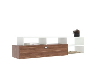 Comodă TV cu sertar și rafturi – design modern, culoare alb & nuc - Img 5