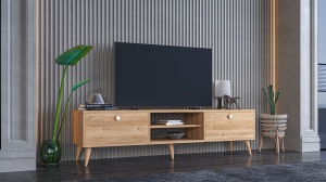 Comodă TV din lemn masiv cu spații de depozitare și design scandinav