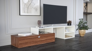 Comodă TV cu sertar și rafturi – design modern, culoare alb & nuc - Img 2