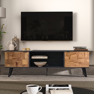 Comodă TV modernă, culoare antracit, cu uși din lemn și picioare metalice, design modern și suport pentru TV până la 85”