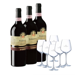 Pachet 3 Sticle Vin Barolo & Barbaresco DOCG Toso+6 Pahare Cadou
