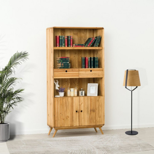 Biblioteca cu 2 usi 2 sertare Sahara, Lemn masiv rustic, 100 x 40 x 200 cm