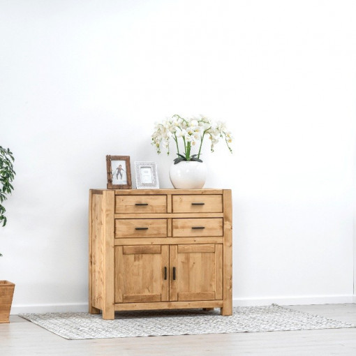 Comoda 2 usi si 4 sertare Ecuador, Lemn masiv rustic, 110 x 50 x 105 cm