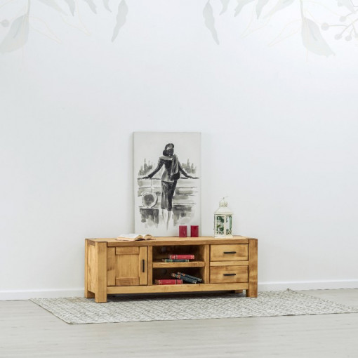 Comoda TV 1 usa, 2 sertare si 2 nise Ecuador, Lemn masiv rustic, 140 x 42 x 50 cm