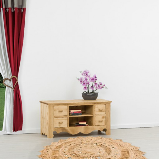 Comoda TV Rustic Flame cu 4 sertare, Lemn masiv rustic, 120 x 55 x 62 cm