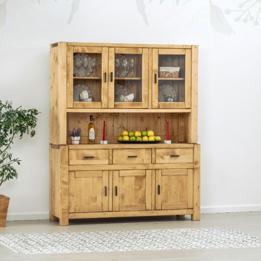 Bufet de bucatarie 6 usi si 3 sertare Ecuador, Lemn masiv rustic, 160 x 50/42 x 195 cm
