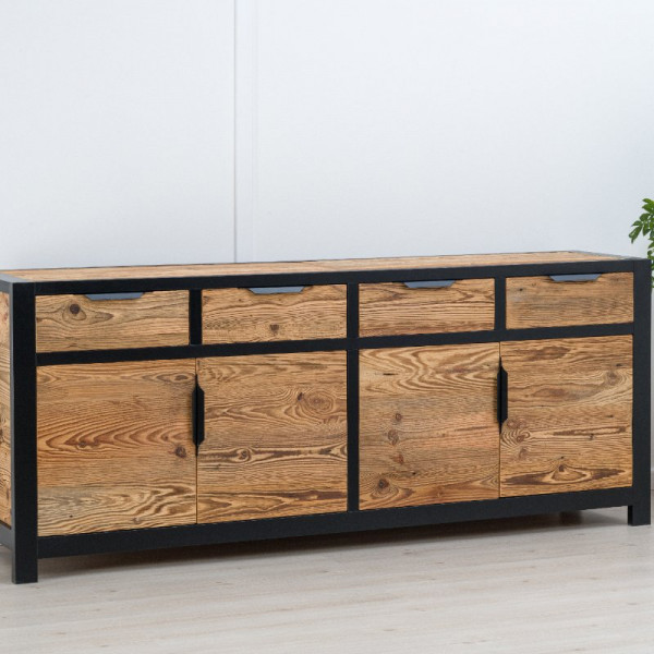 Bufet Rustic Loft 4 usi si 4 sertare, Lemn masiv rustic, 200 x 50 x 90 cm