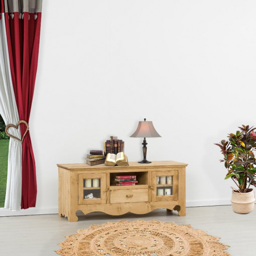 Comoda TV Rustic Flame 2 usi si 1 sertar si nisa, Lemn masiv rustic, 140 x 50 x 60 cm