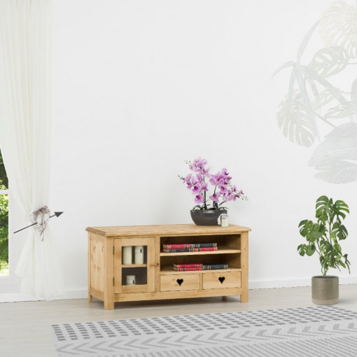 Comoda TV Rustic Love cu 1 usa si 2 sertare, Lemn masiv rustic, 122.5 x 52 x 60 cm