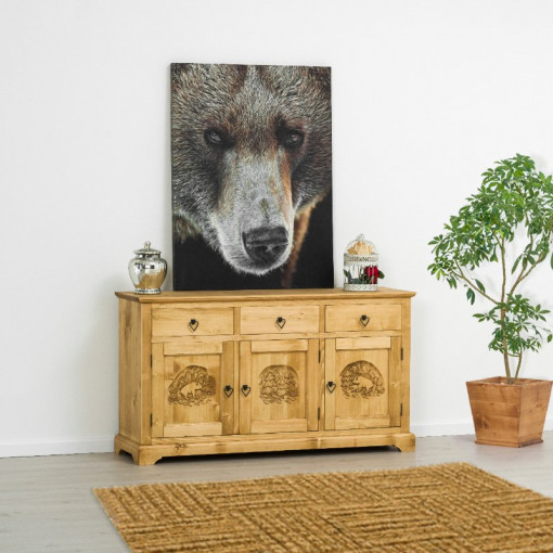 Bufet 3 usi si 3 sertare Ursul Carpatin, Lemn masiv rustic, 153 x 46 x 85 cm