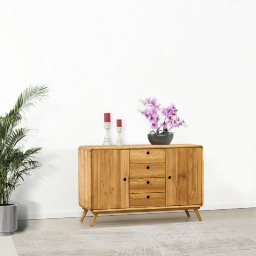 Bufet cu 2 usi si 4 sertare Sahara, Lemn masiv rustic, 133 x 45 x 85 cm
