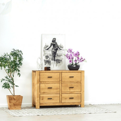 Comoda Ecuador cu 6 sertare, Lemn masiv rustic, 120 x 48 x 90 cm