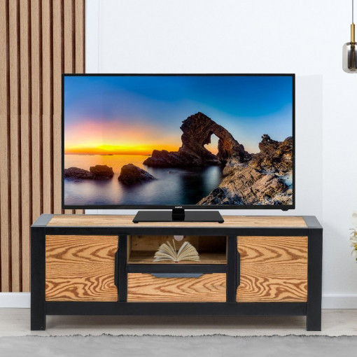 Comoda TV Rustic Loft 2 usi, 1 sertar si nisa, Lemn masiv rustic, 140 x 40 x 50 cm