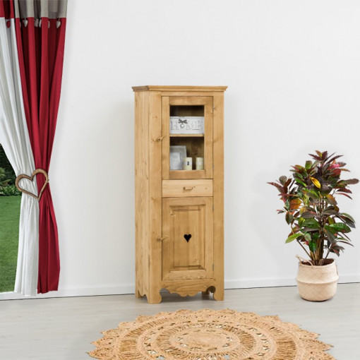 Dulap Vitrina Rustic Flame 2 usi si 1 sertar, Lemn masiv rustic, 66 x 45 x 179 cm