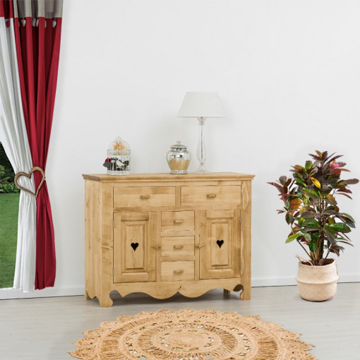 Comoda Rustic Flame cu 2 usi si 5 sertare, Lemn masiv rustic, 129 x 50 x 100 cm