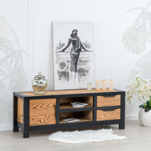 Comoda TV Rustic Loft 1 usa, 2 sertare si nisa, Lemn masiv rustic, 140 x 40 x 50 cm