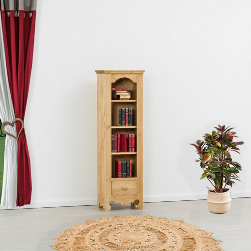 Biblioteca ingusta Rustic Flame, 1 sertar si 3 etajere, Lemn masiv rustic, 50 x 35 x 160 cm