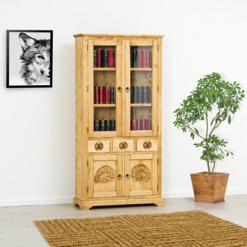 Vitrina 4 usi si 3 sertare Ursul Carpatin, Lemn masiv rustic, 100 x 38 x 200 cm