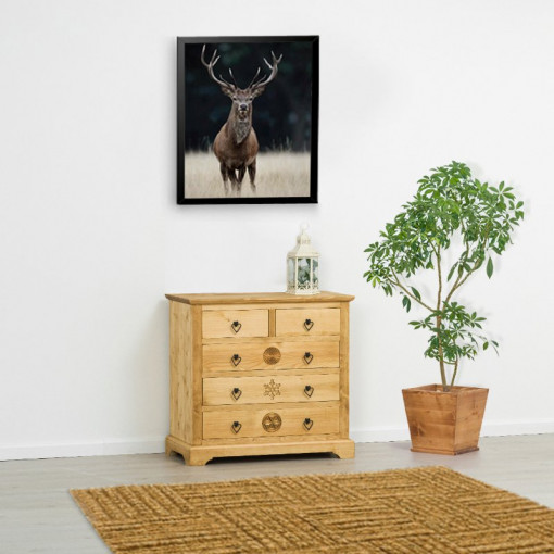 Comoda cu 5 sertare Ursul Carpatin, Lemn masiv rustic, 90 x 46 x 85 cm