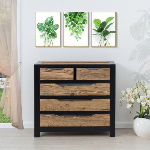 Comoda Rustic Loft 5 sertare, Lemn masiv rustic, 100 x 50 x 90 cm