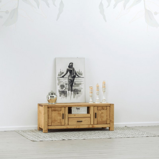 Comoda TV 2 usi, 1 sertar si nisa Ecuador, Lemn masiv rustic, 140 x 50 x 52 cm