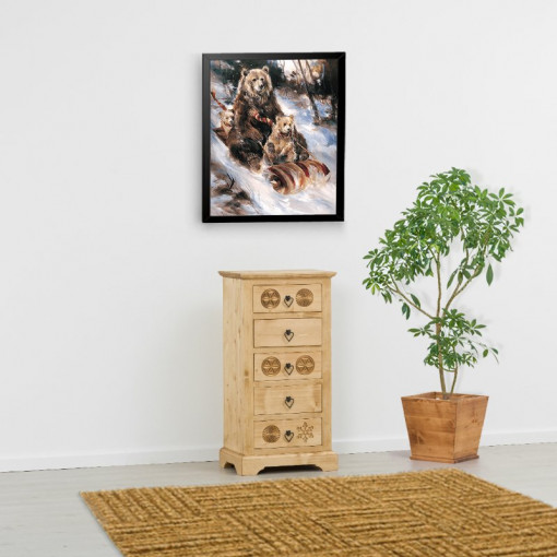 Comoda cu 5 sertare Ursul Carpatin, Lemn masiv rustic, 52 x 38 x 103 cm