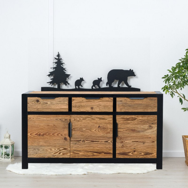 Bufet Rustic Loft 3 usi si 3 sertare, Lemn masiv rustic, 160 x 50 x 85 cm