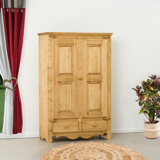 Dulap Rustic Flame cu 2 usi 2 sertare (balamale lemn), Lemn masiv rustic, 123 x 55 x 189 cm
