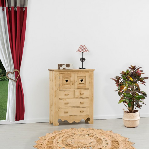 Comoda Rustic Flame cu 2 usi 4 sertare, Lemn masiv rustic, 84 x 36 x 107 cm