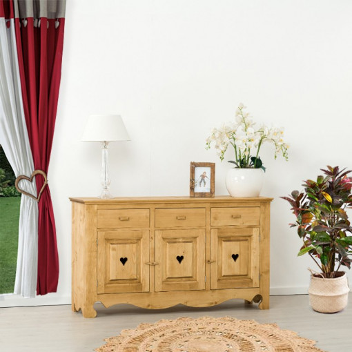 Comoda Rustic Flame cu 3 usi si 3 sertare, Lemn masiv rustic, 160 x 45 x 92 cm