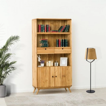 Biblioteca cu 2 usi 2 sertare Sahara, Lemn masiv rustic, 100 x 40 x 200 cm