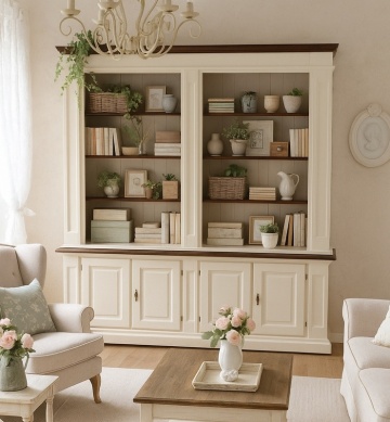 Biblioteca Dolce Toscana, lemn masiv tei, alb nuc antik, 230 x 47/35 x 235 cm