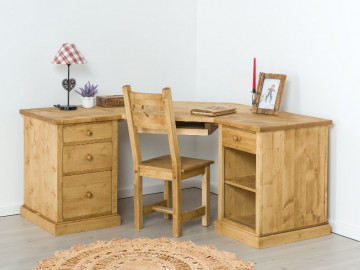 Birou de colt Rustic Flame cu 4 sertare si nisa, lemn masiv rustic, 221 x 122 x 77 cm - Img 1