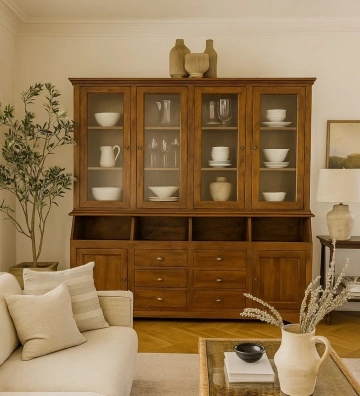 Bufet cu vitrina Dolce Toscana lemn masiv de tei nuc antik, 230 x 38/50 x 226 cm